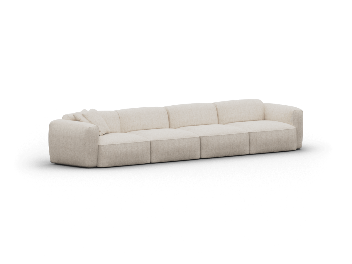 Luxurious modern beige fabric sectional sofa with deep seats and plush cushions, set in a minimalist living area. Elegant design ideal for contemporary Australian homes.