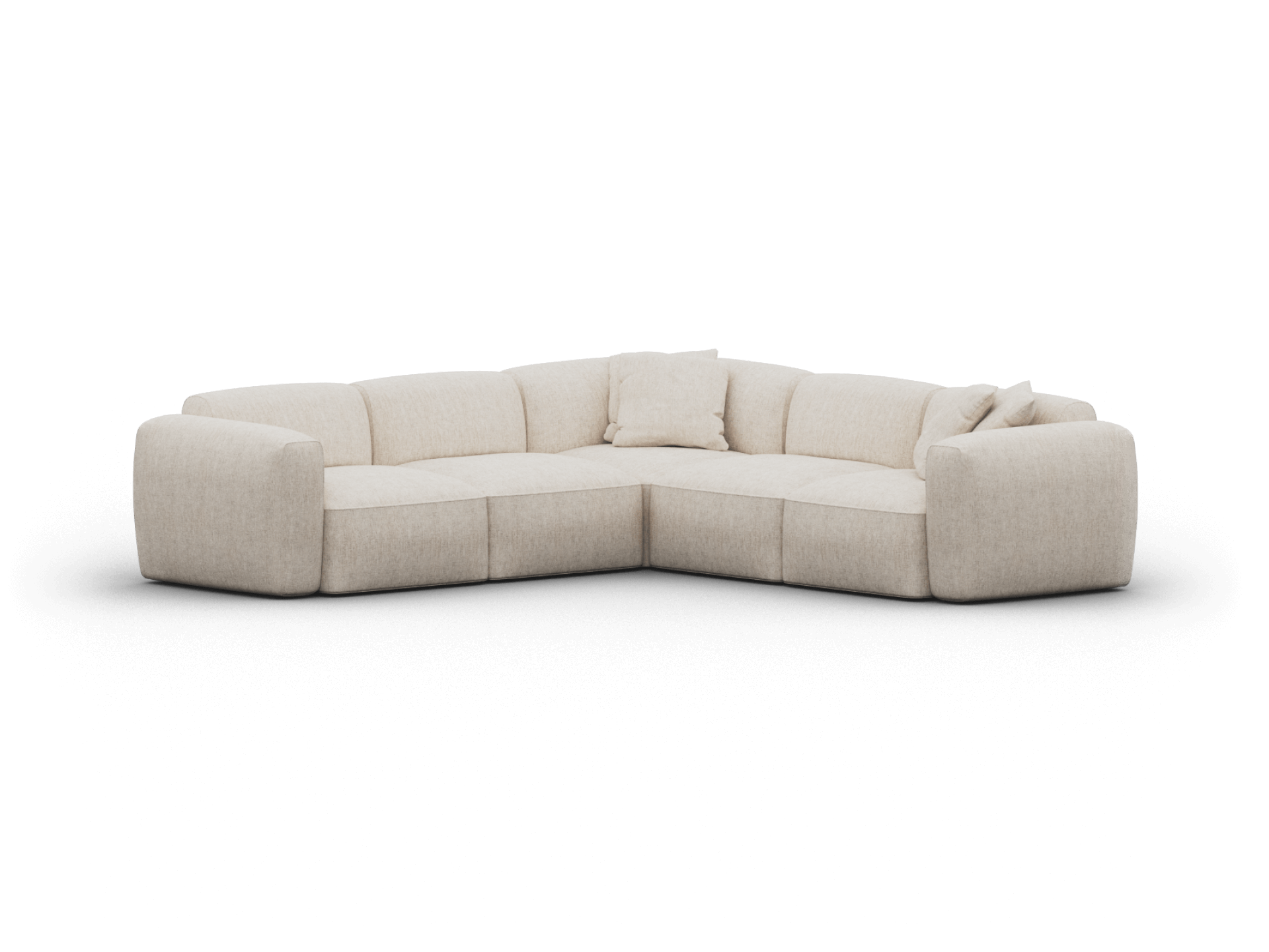 Luxurious L-shaped sectional sofa in soft beige upholstery, featuring plush cushions and a modern silhouette. Perfect for elegant living rooms.