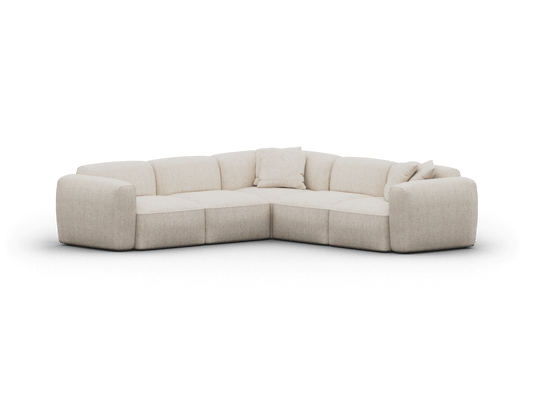 Luxurious L-shaped sectional sofa in soft beige upholstery, featuring plush cushions and a modern silhouette. Perfect for elegant living rooms.