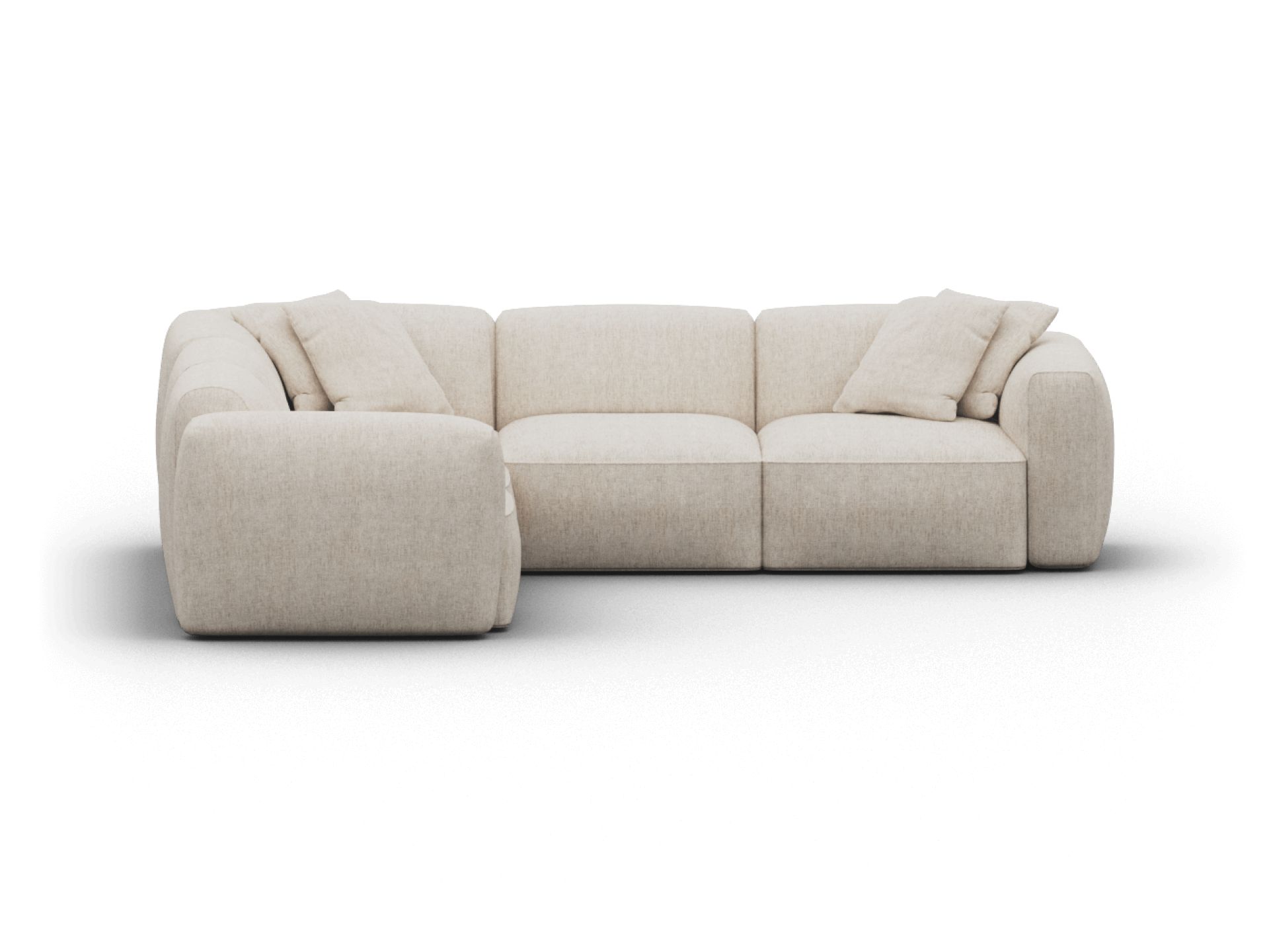 Luxurious beige linen sectional sofa with plush cushions, featuring a modern, minimalist design. Perfect for upscale living spaces and open layouts.