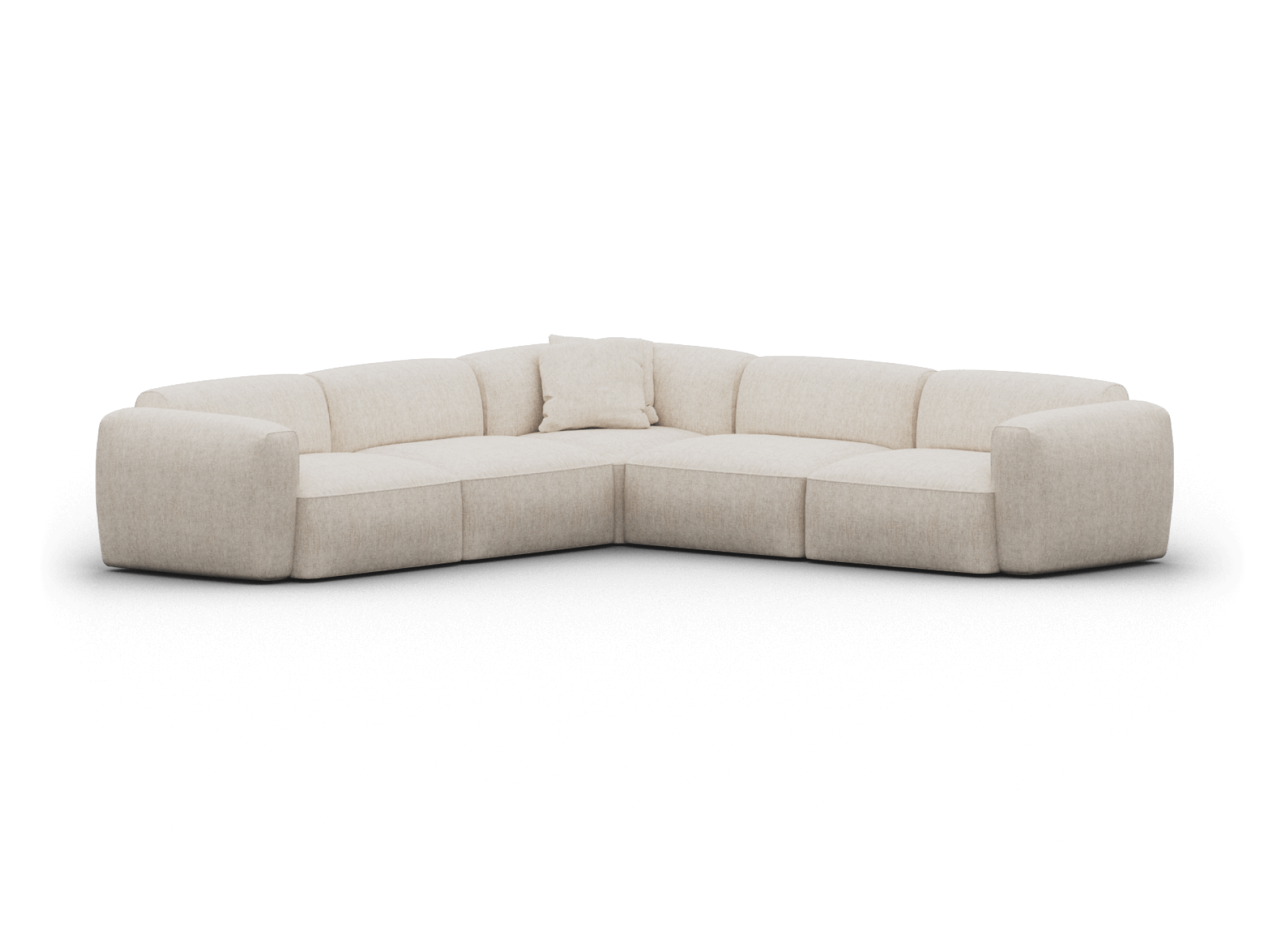 Luxury beige sectional sofa, upholstered in soft linen fabric. Features plush cushioning and contemporary modular design, perfect for stylish living areas.