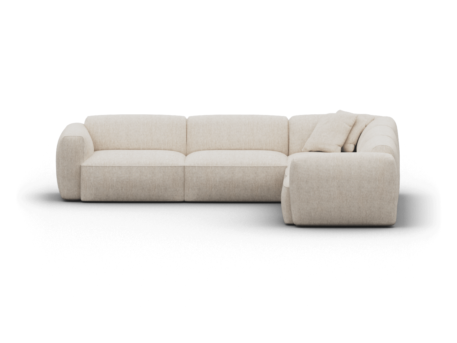 Luxurious cream sectional sofa with plush cushions, upholstered in high-quality fabric. Features modern, curved lines; ideal for an elegant living space.