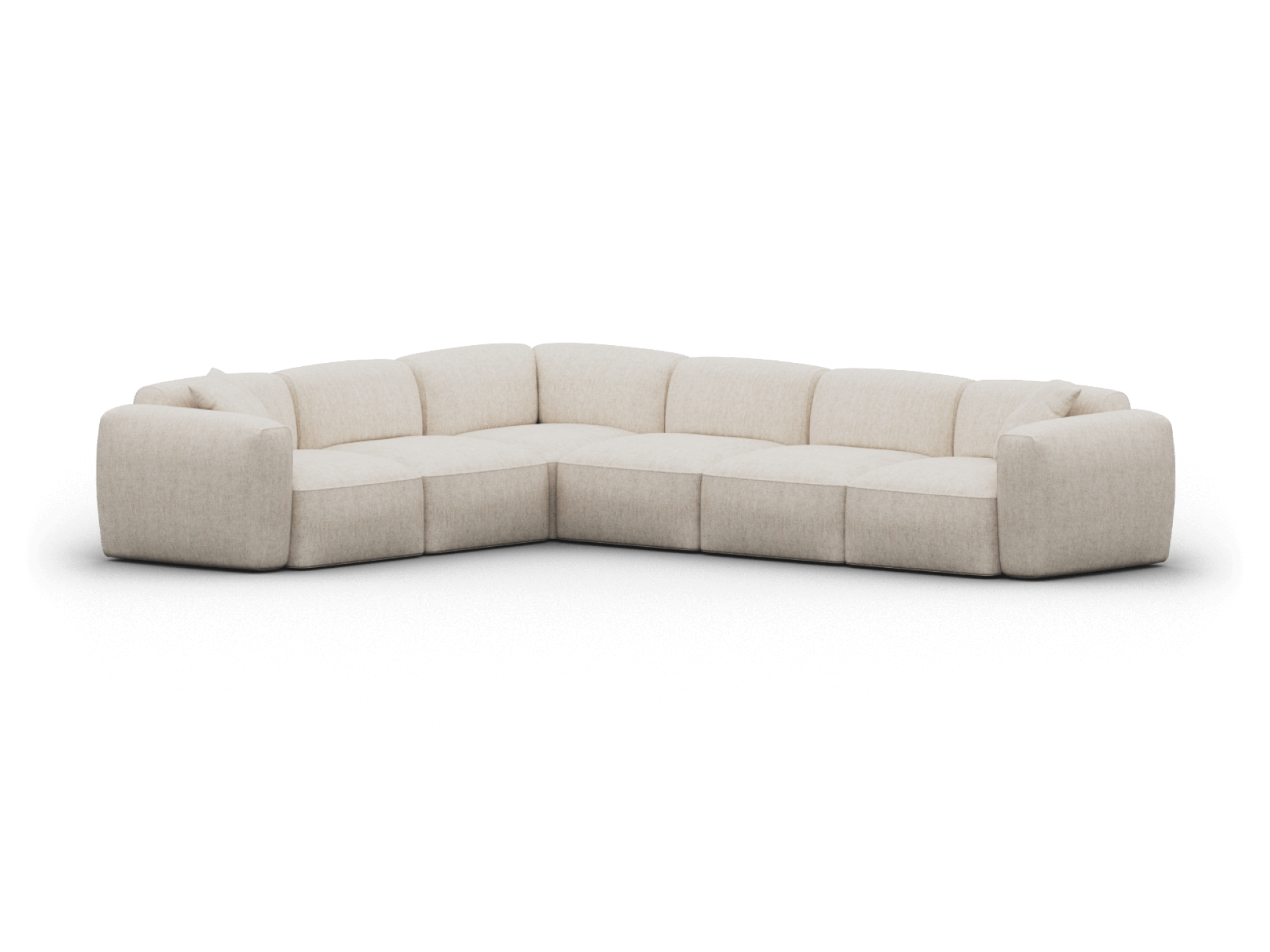 Beige modular sectional sofa in plush fabric, featuring deep seats, low backrest, and rounded armrests, perfect for contemporary living spaces.