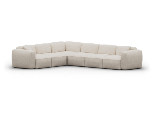 Luxurious L-shaped sectional sofa in premium beige fabric, featuring deep cushions and plush armrests, set on sleek black flooring for a modern ambiance.
