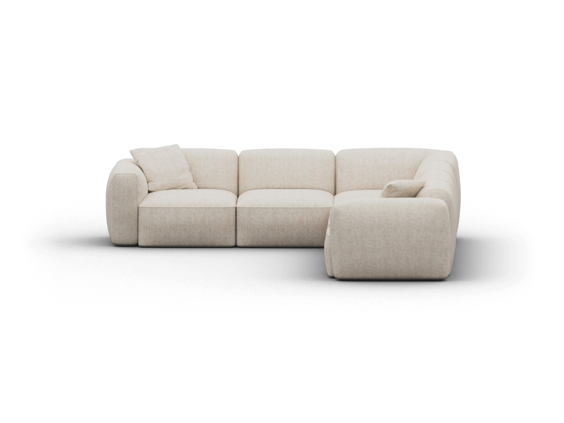 Luxurious corner sofa crafted from soft cream fabric boasts plush cushioning and clean lines, embodying modern elegance ideal for contemporary living spaces.