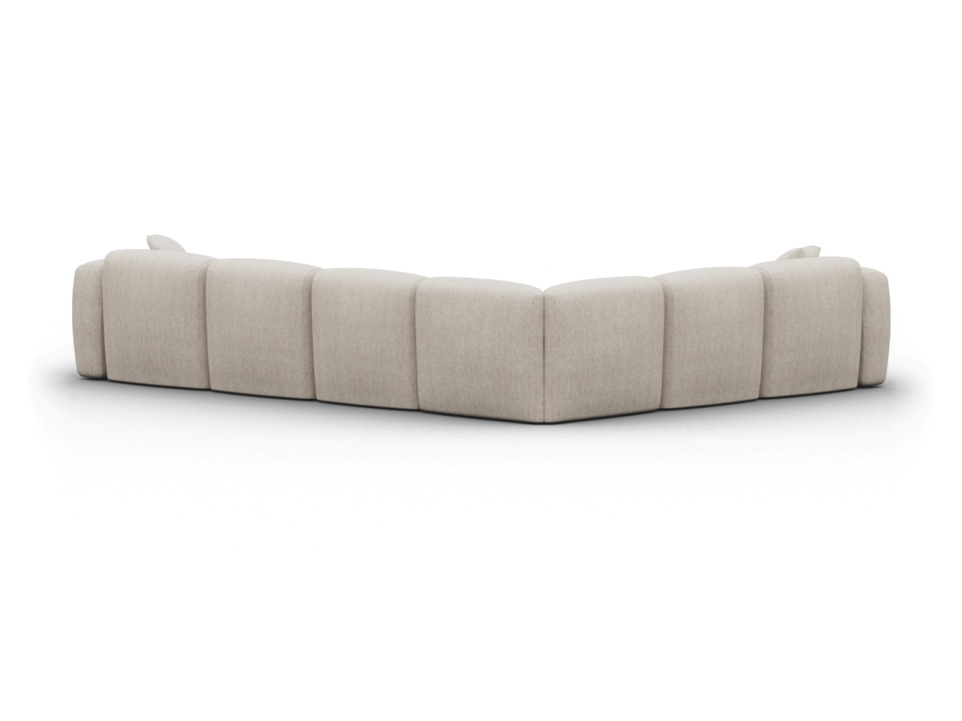 Curved modular sofa in premium beige fabric with a channel-tufted backrest. Modern silhouette ideal for spacious living rooms, offering versatile seating.