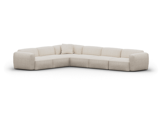 Luxurious L-shaped sectional sofa in neutral beige fabric, featuring deep seats and plush cushions, perfect for a contemporary living room setting.