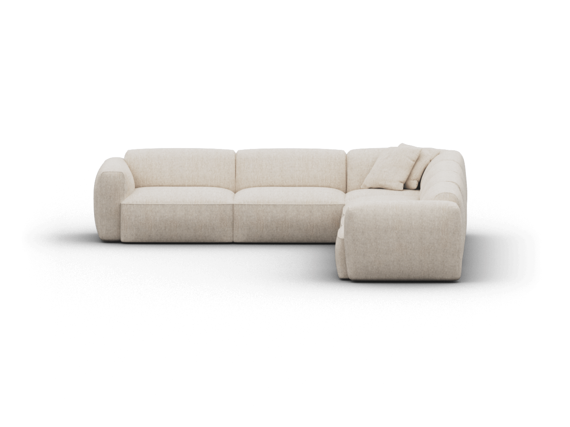 Luxurious L-shaped sectional sofa in soft beige fabric with plush cushions and contemporary curved edges, ideal for a sophisticated living room setting.