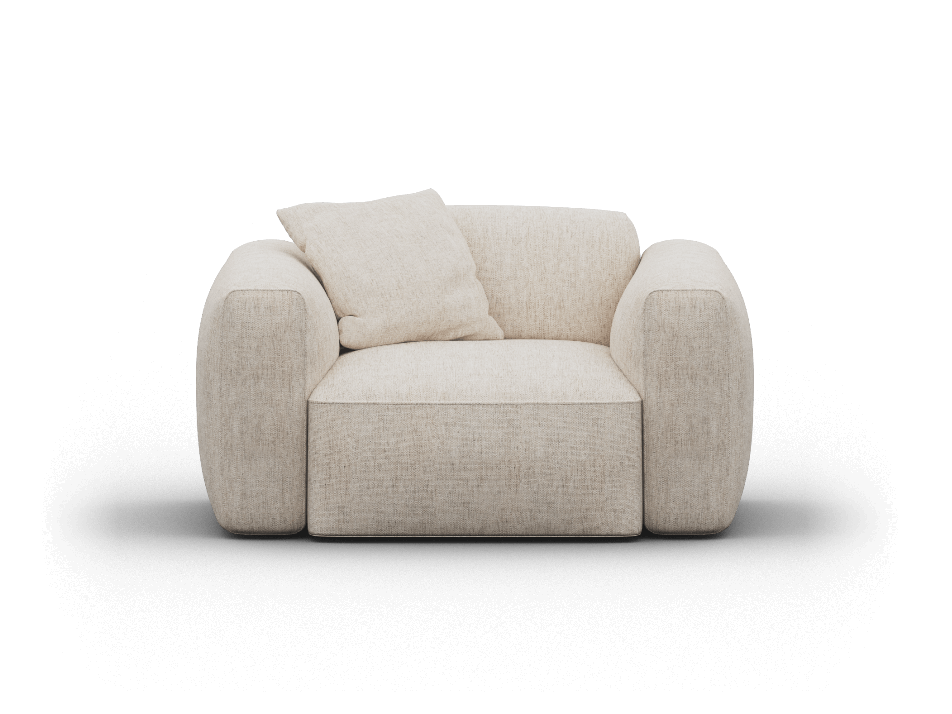 Luxurious beige armchair featuring plush fabric upholstery, rounded armrests, and a matching cushion. Perfect for a contemporary living room setting.