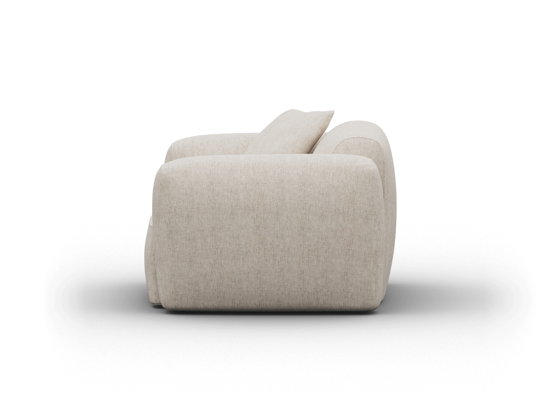 Contemporary armchair in soft beige fabric, featuring plush cushioning and sleek curves. Ideal for sophisticated living spaces or refined office settings.