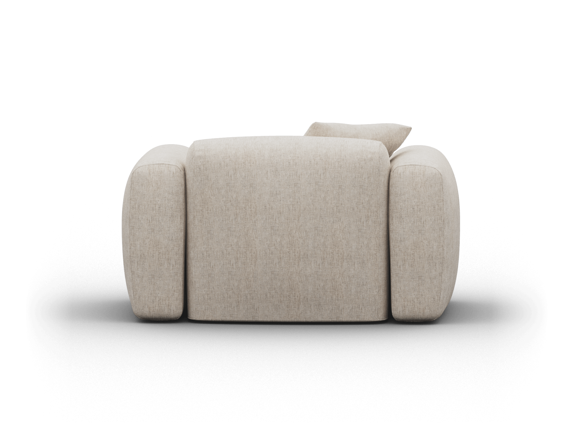 Contemporary beige fabric armchair featuring rounded armrests, plush cushioning, and sleek design, ideal for a modern living room.