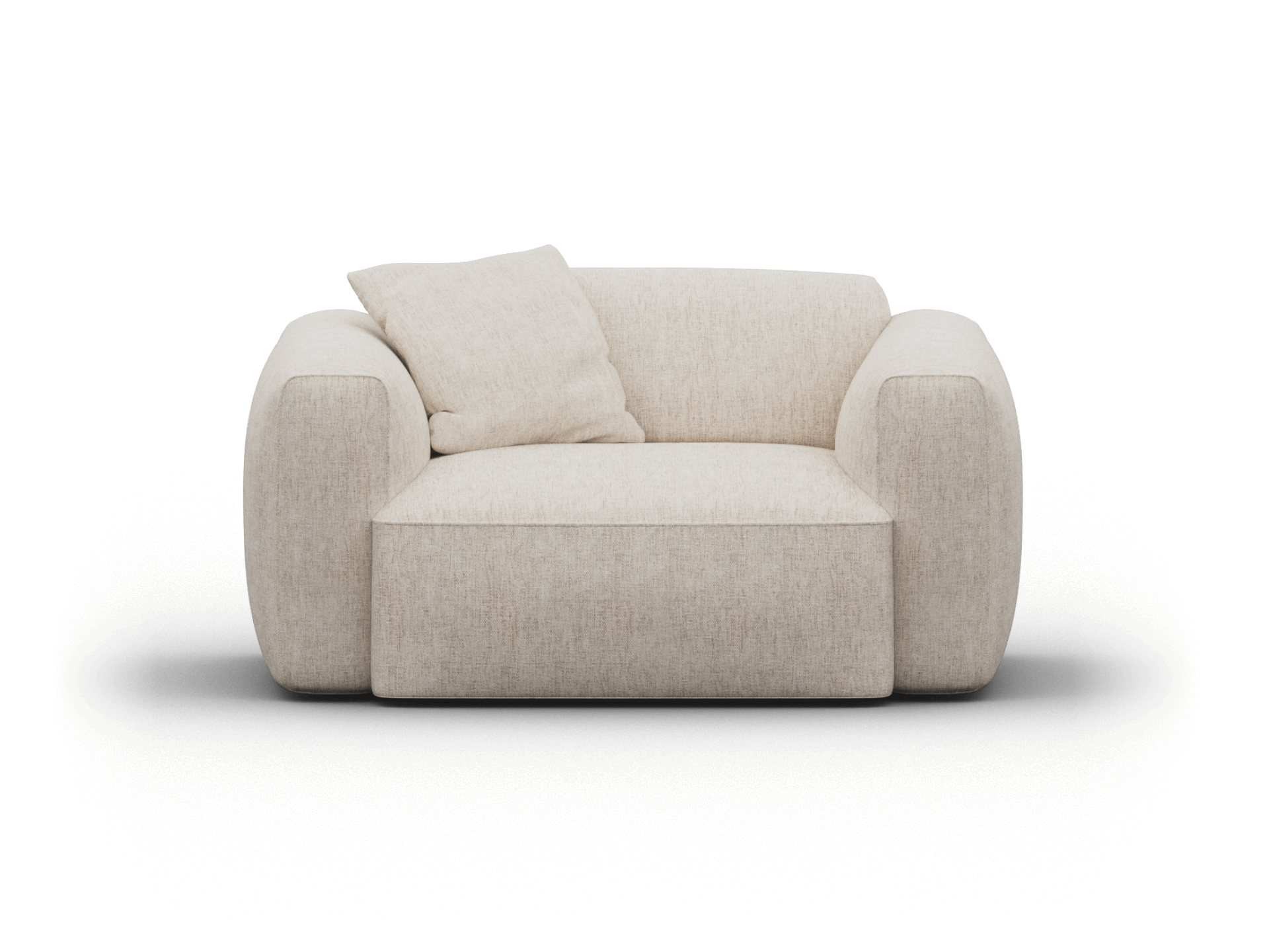 Cream upholstered armchair with plush texture, featuring rounded armrests and a single matching cushion. Minimalist design perfect for upscale living spaces.