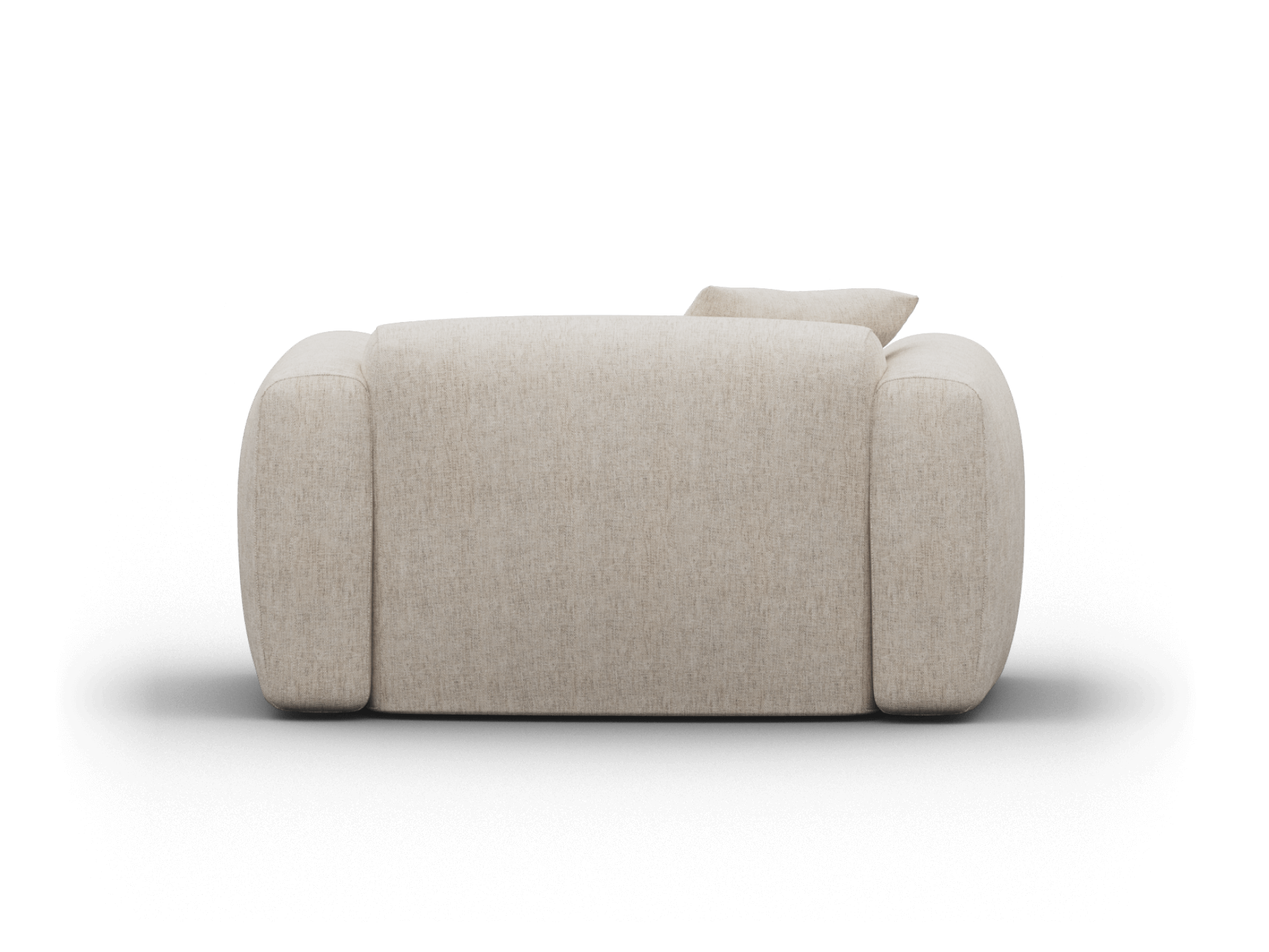 Plush taupe armchair with rounded edges, upholstered in premium fabric. Features deep seating and minimalist design, set in a chic, contemporary living room.