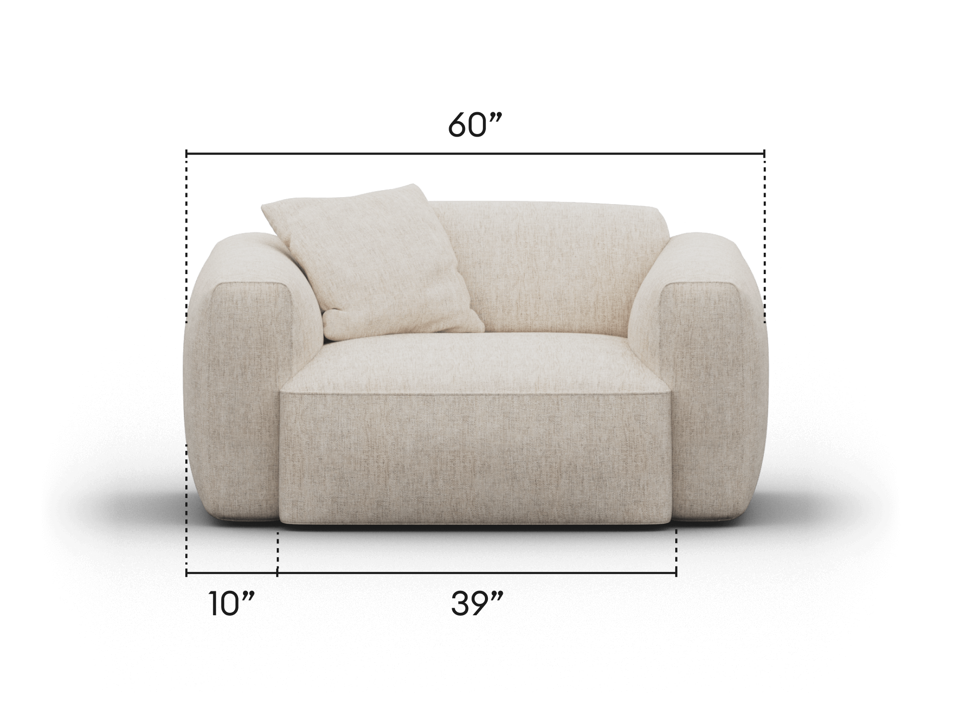 Cream-coloured fabric armchair with plush cushioning, featuring a modern boxy design. Set in a minimalist living area, measuring 60 inches wide.