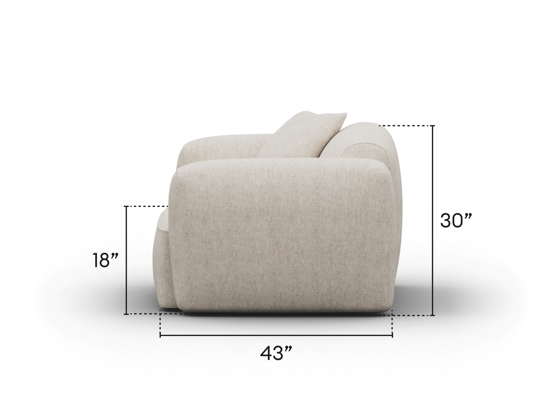 Luxurious beige fabric sofa with plush, rounded cushions and armrests. Dimensions: 48" width, 30" height, 18" seat height. Ideal for chic living spaces.