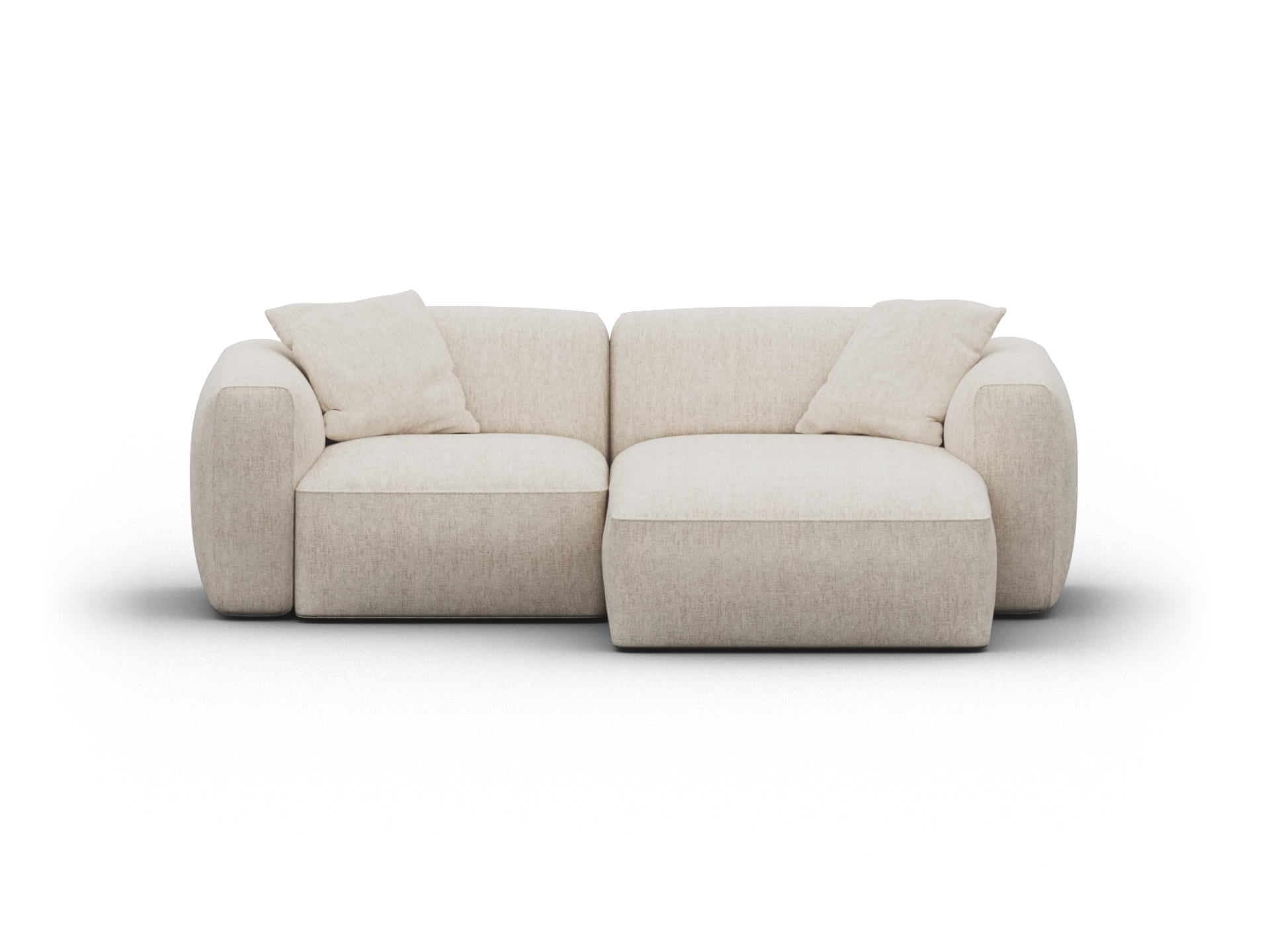 Beige upholstered sectional sofa with rounded arms, plush cushions, and a minimalist design. Crafted for luxurious comfort in a contemporary living area.