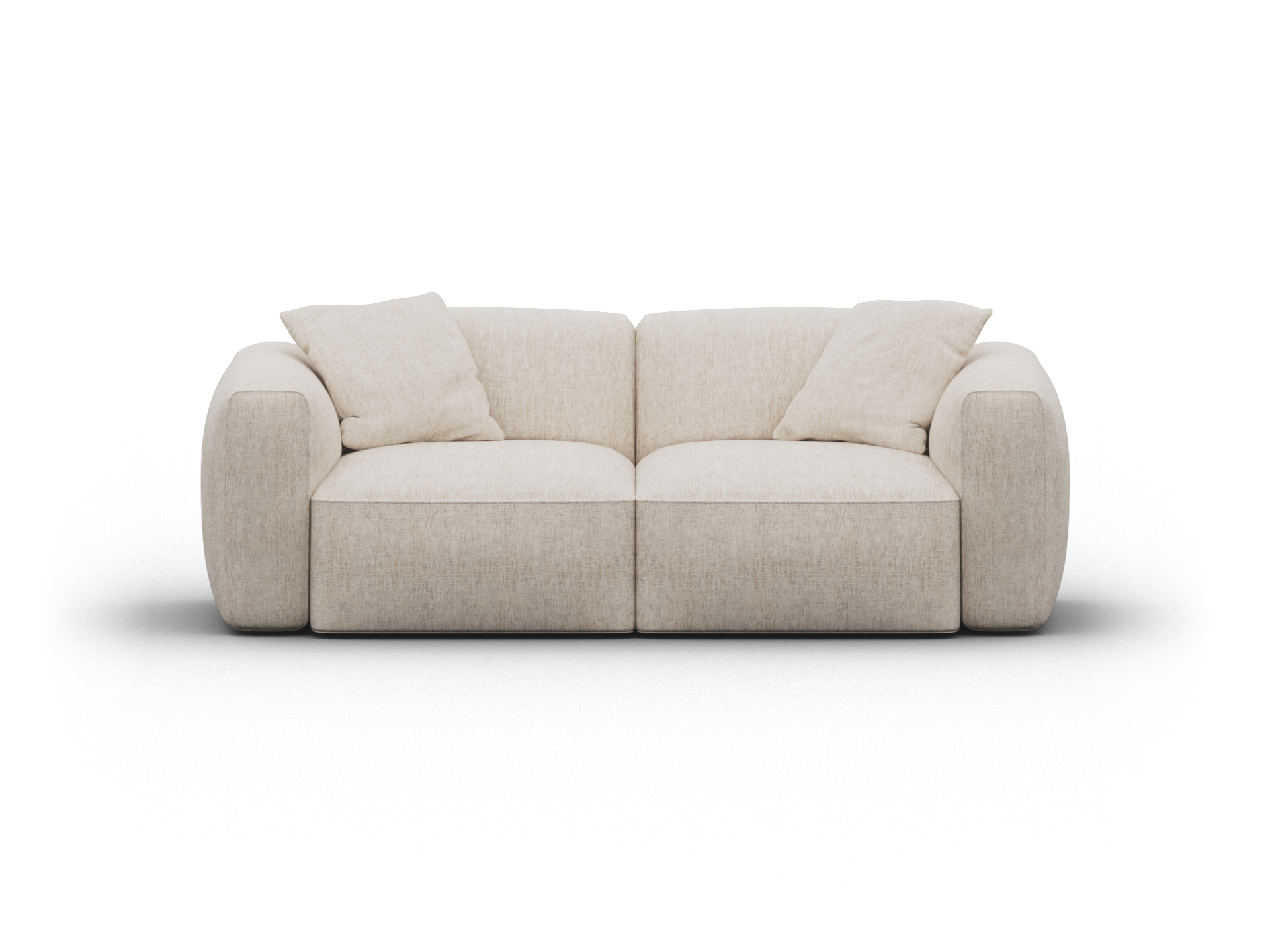 Cream two-seater sofa with plush, rounded cushions and minimalist design. Upholstered in soft fabric, ideal for modern living rooms.