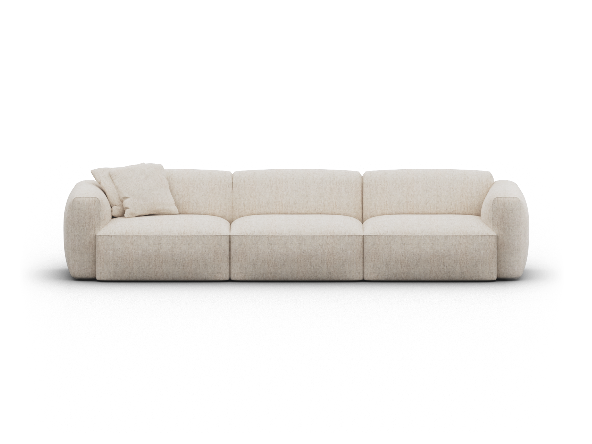 Luxurious beige fabric sectional sofa with plush cushions and rounded arms, set in a minimalist living room. Crafted for premium comfort and style.