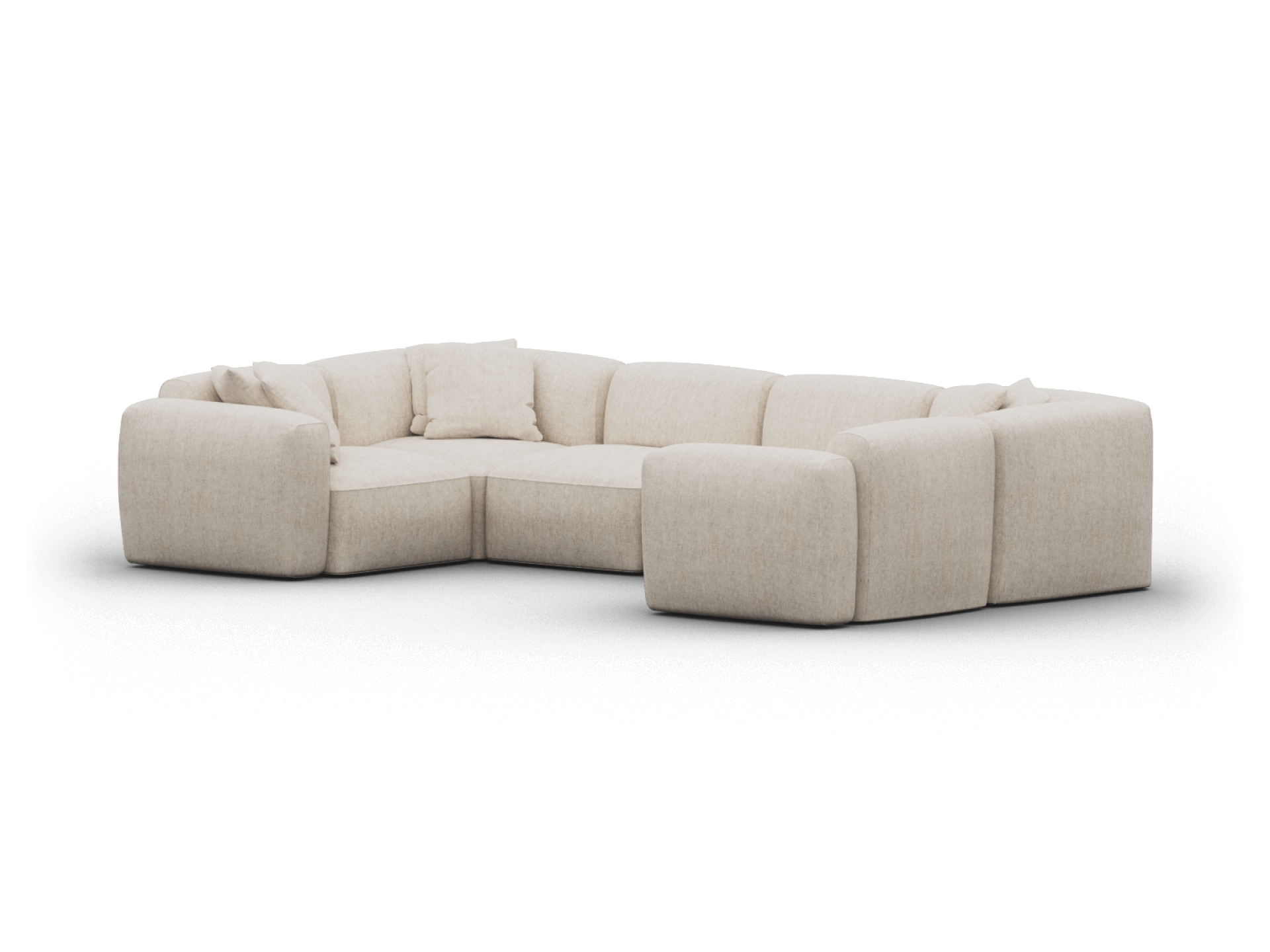 Luxurious beige L-shaped sectional sofa in plush fabric, featuring deep cushions and a minimalist design. Perfect for modern living spaces.