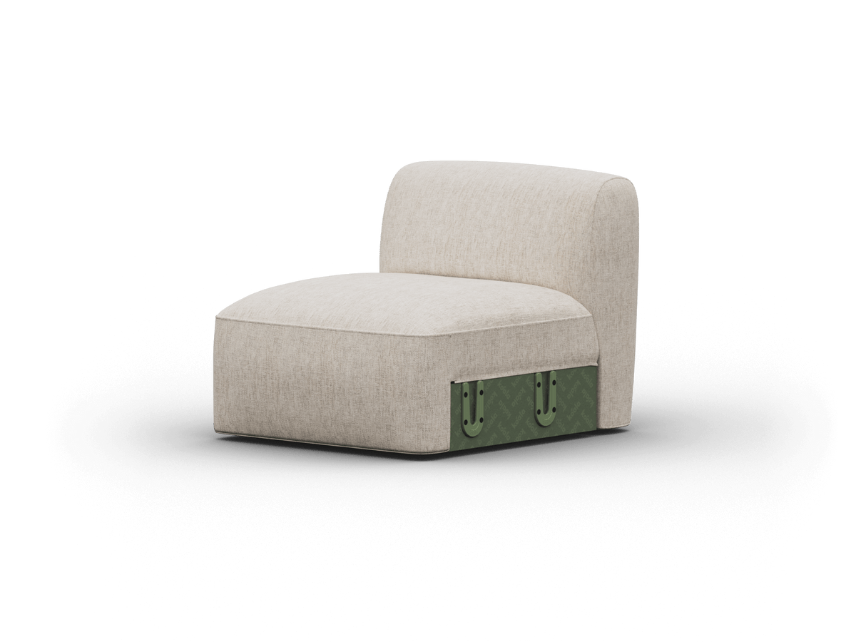 Elegant beige armless lounge chair with a plush fabric finish. Features olive green side accents and sleek lines, perfect for contemporary living spaces.