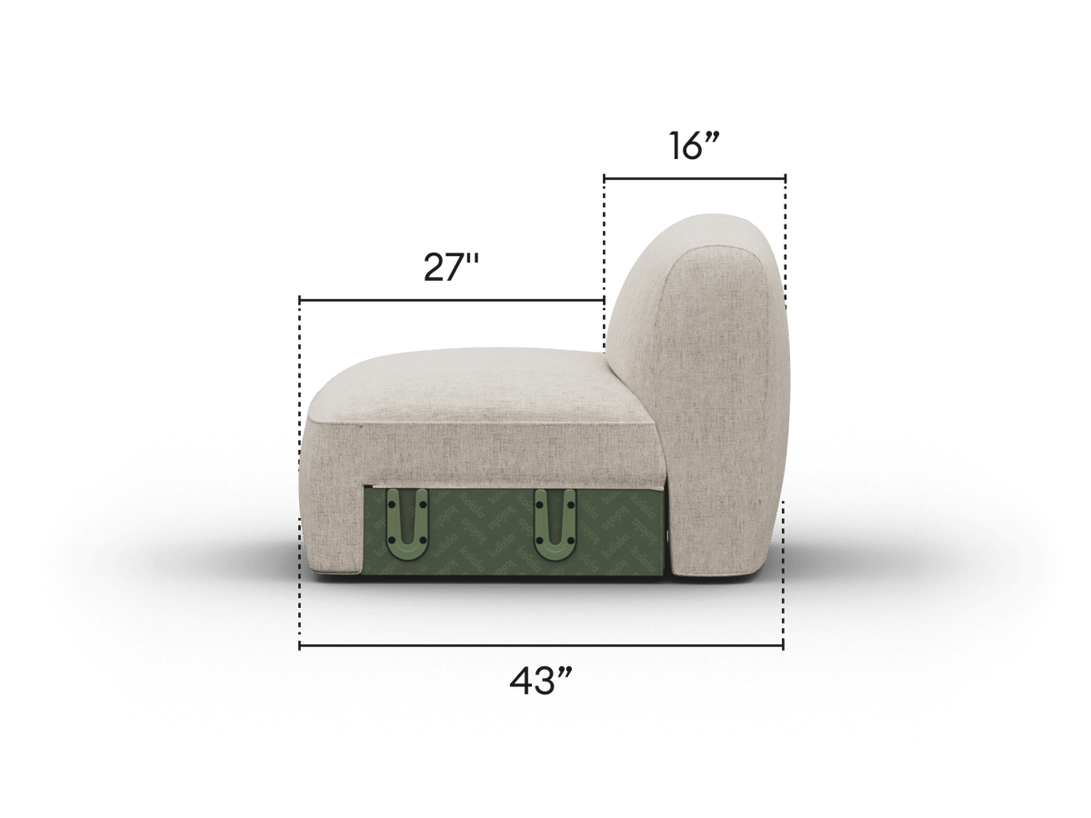 Luxurious armless beige lounge chair with plush upholstery, resting on an olive green textured base. Ideal for modern living spaces.
