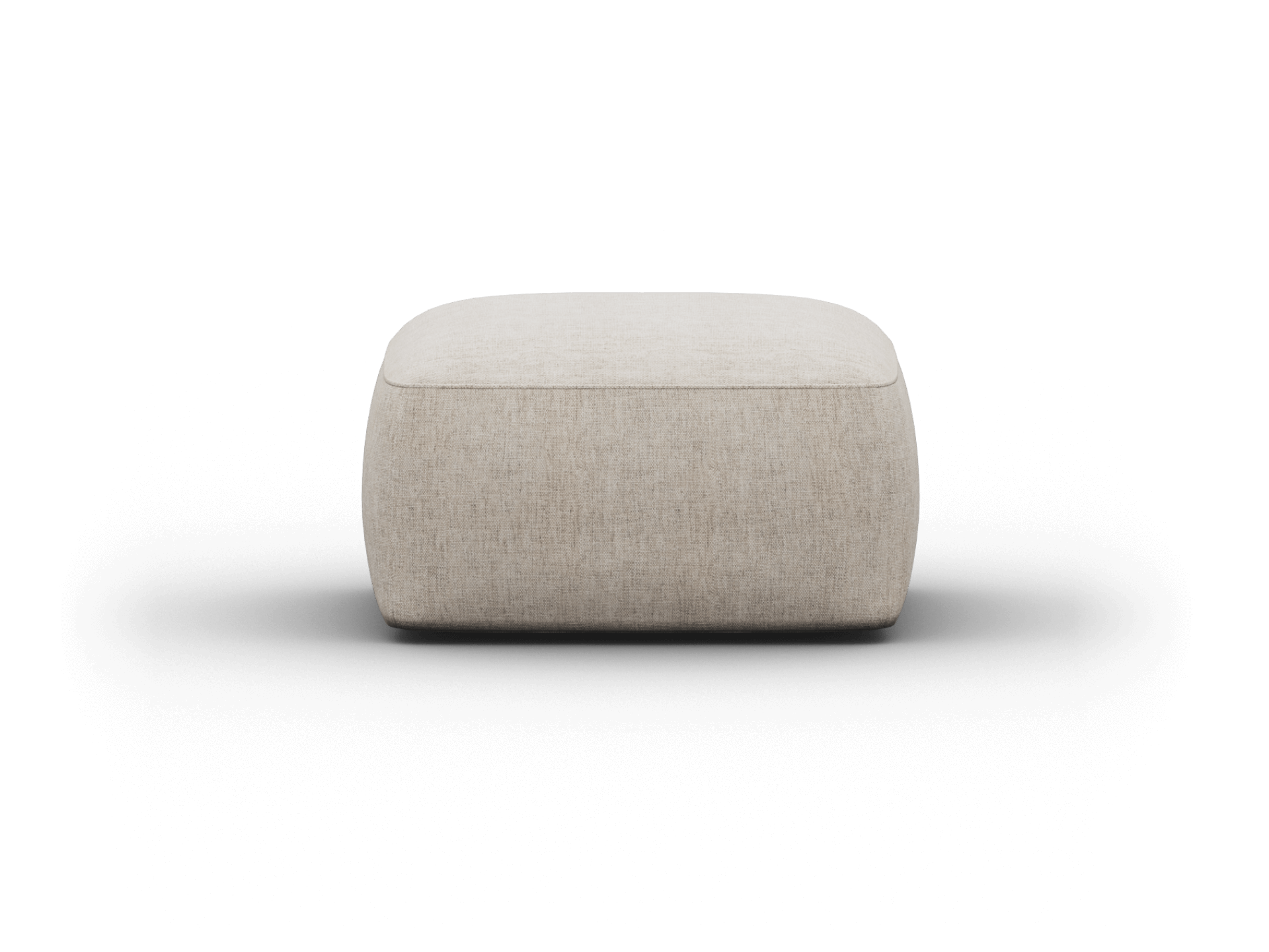 Linen ottoman with light beige upholstery, featuring a curved, minimalist design. Perfect for a contemporary living room or luxe lounge area.