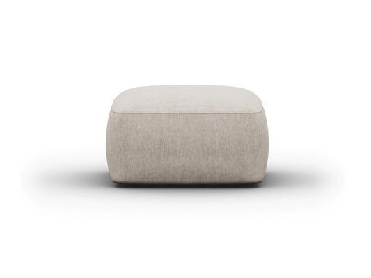 Linen ottoman with light beige upholstery, featuring a curved, minimalist design. Perfect for a contemporary living room or luxe lounge area.