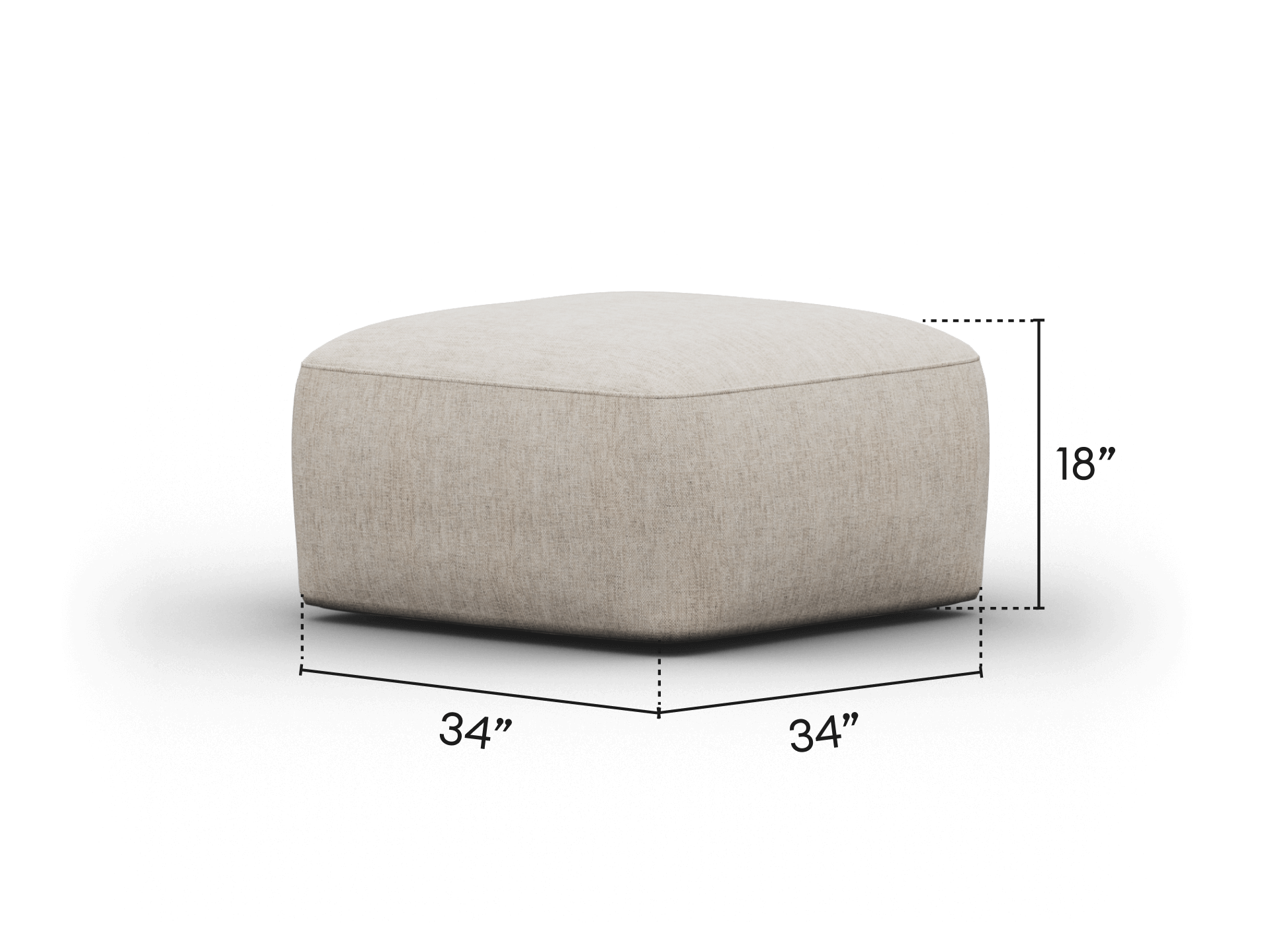 Luxurious beige linen ottoman with a plush square design, ideal for contemporary spaces. Features a minimalist aesthetic and versatile function.