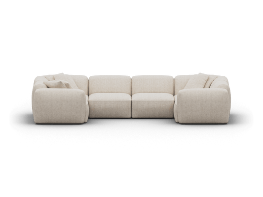 Luxurious modular sofa in soft beige fabric, featuring plush cushions and contemporary lines. Perfect for a stylish, spacious living room setting.