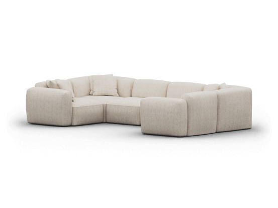 Luxurious modular sectional sofa in soft beige fabric, featuring plush cushions and deep seating. Perfect for a modern living room setting.