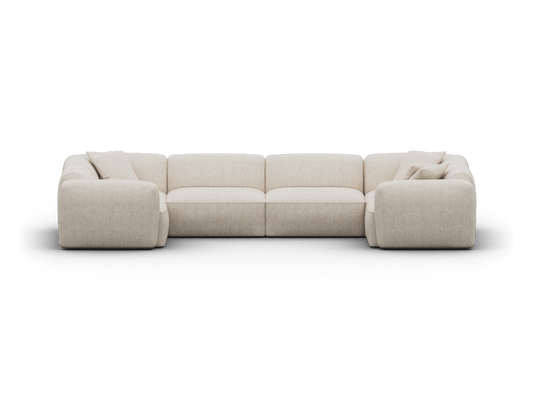 Luxurious modular sofa in soft beige linen, featuring plush cushioning and sleek lines. Perfect for a contemporary living room setting.