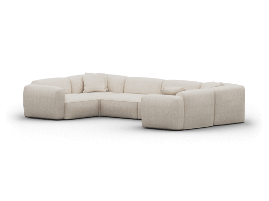 Luxurious beige fabric sectional sofa with plush cushions, modular arrangement, and streamlined silhouette. Ideal for a contemporary living room setting.