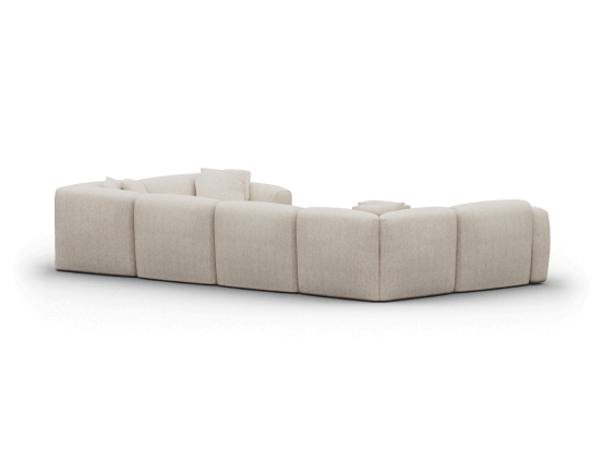 Luxurious beige fabric sectional sofa with deep seating and plush cushioning. Features modern lines, modular design; perfect for spacious living areas.