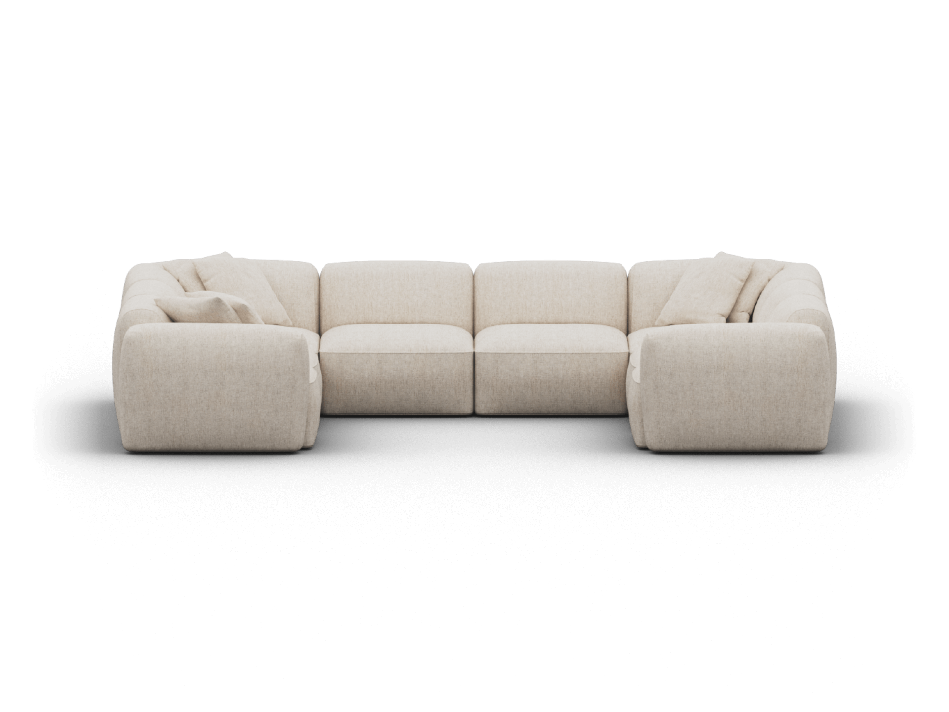 Luxurious modular sofa in plush beige fabric, featuring wide cushions and rounded edges. Set in a contemporary, minimalist living space.