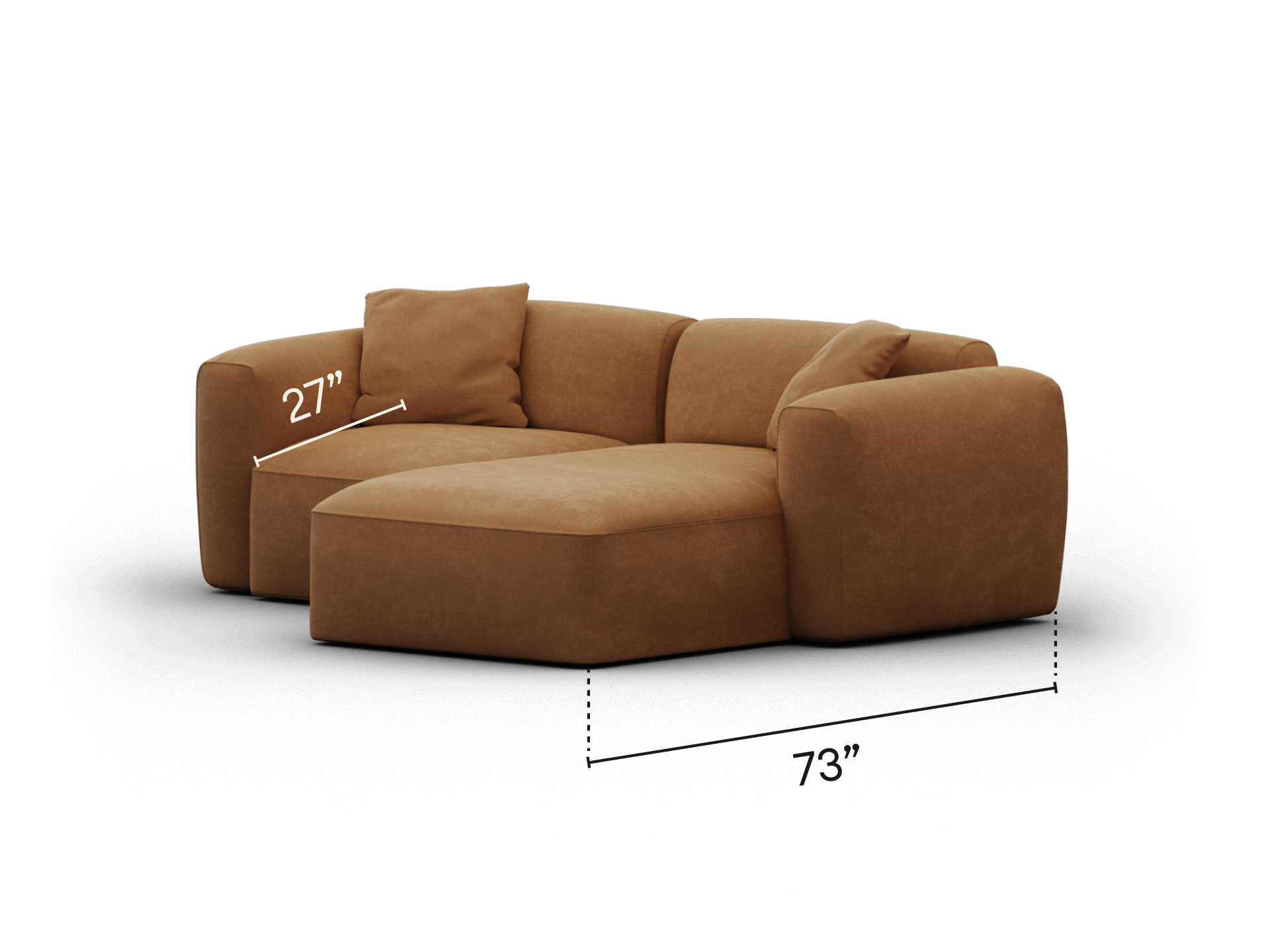 Luxurious tan sectional sofa in plush upholstery with modern, curved lines. Features a chaise lounge and deep seating, perfect for a stylish living room setting.
