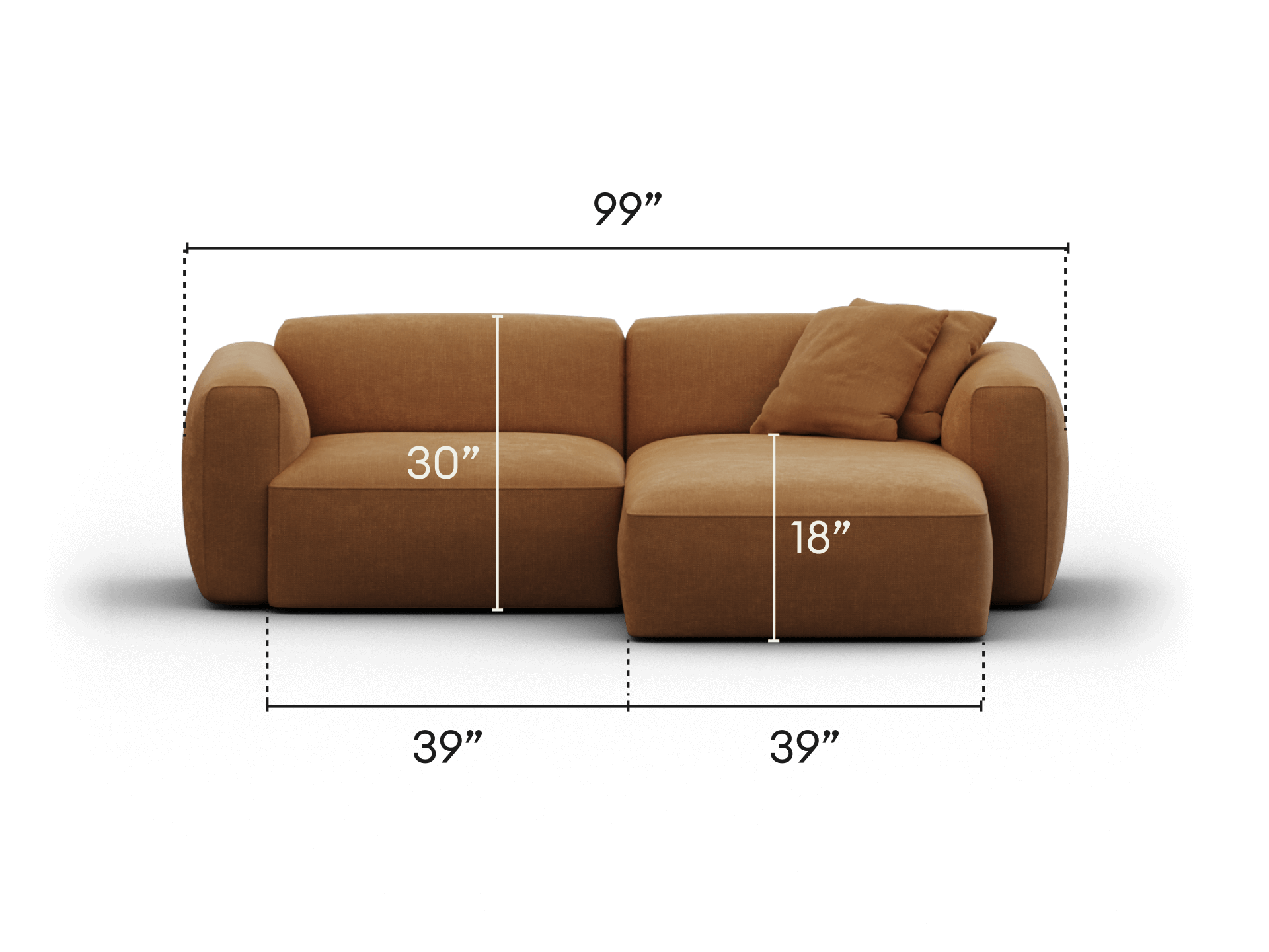 Luxurious caramel velvet sectional sofa with plush cushions and rounded armrests, measuring 99 inches. Perfect for a sophisticated living room setting.