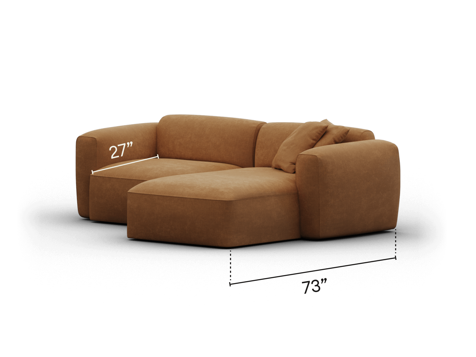 Luxurious tan suede sectional sofa with a right chaise lounge, plush cushions, and sleek lines. Perfect for modern living rooms seeking comfort and style.