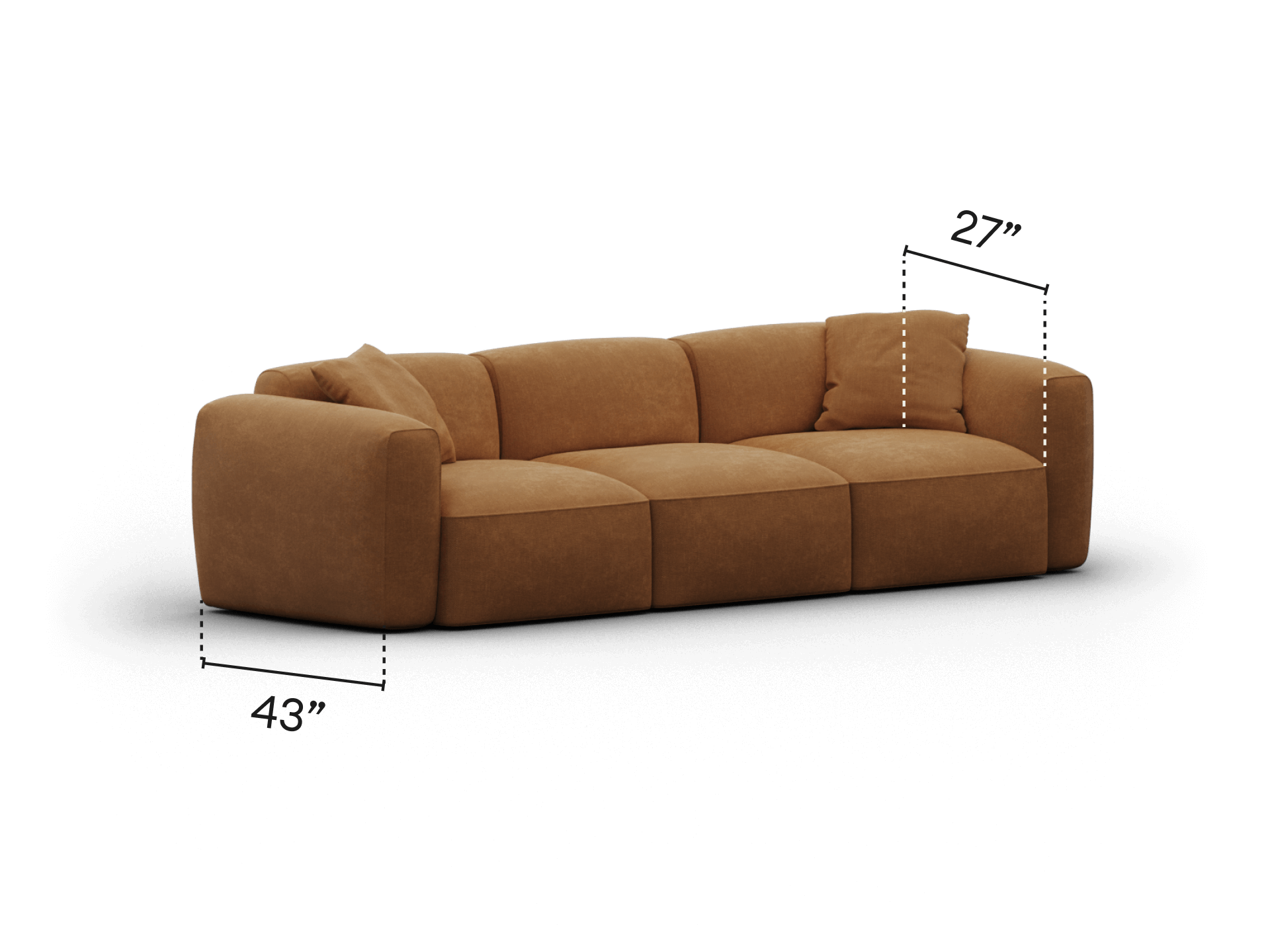 Luxurious modular sofa in rich caramel leather, featuring plush cushions and geometric lines. Perfect for a contemporary living room setting.
