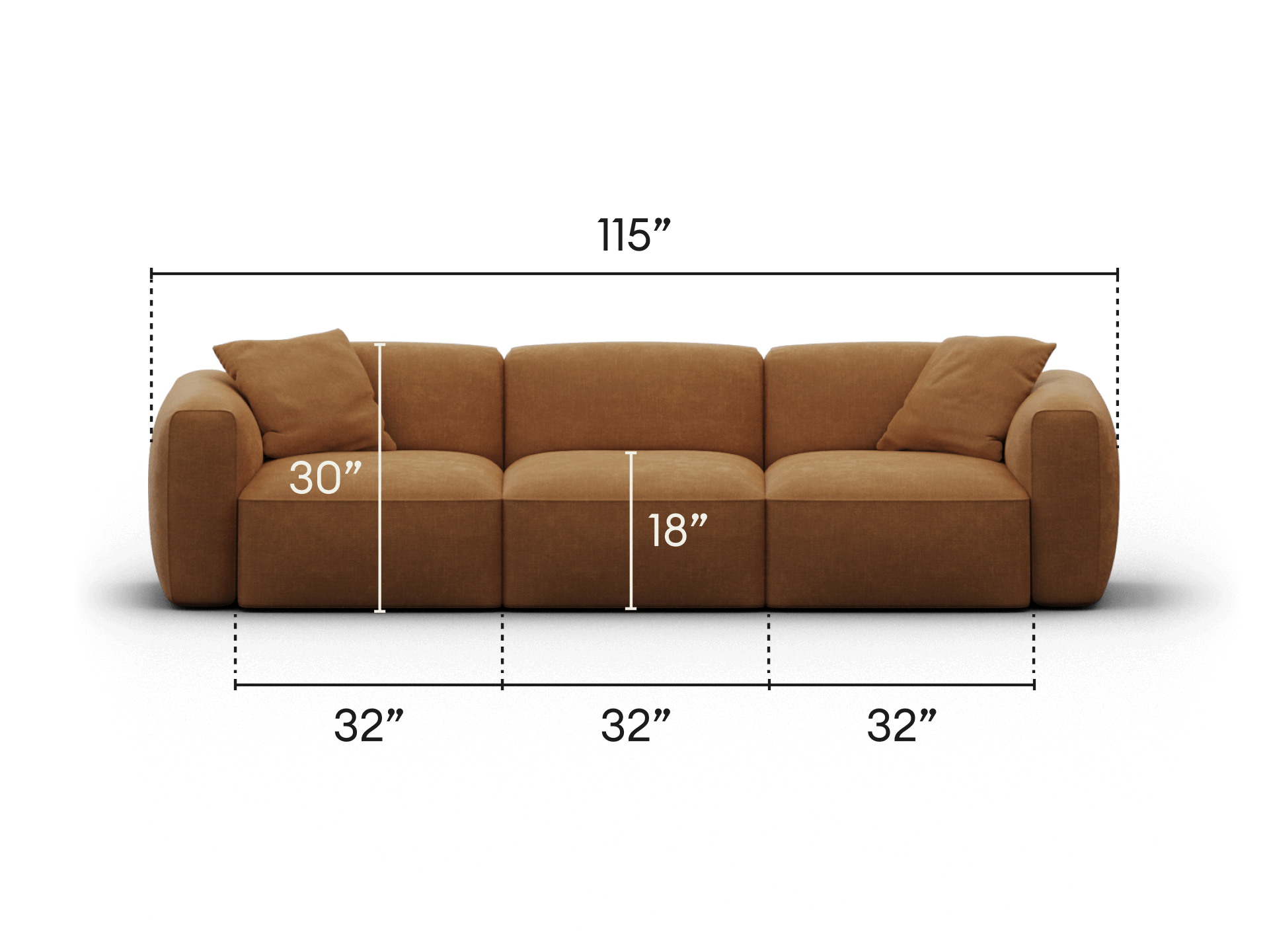 Luxurious three-seater sofa, upholstered in rich tan fabric. Features plush cushions and clean lines, perfect for chic living room settings. Dimensions: 115" x 30" x 18".