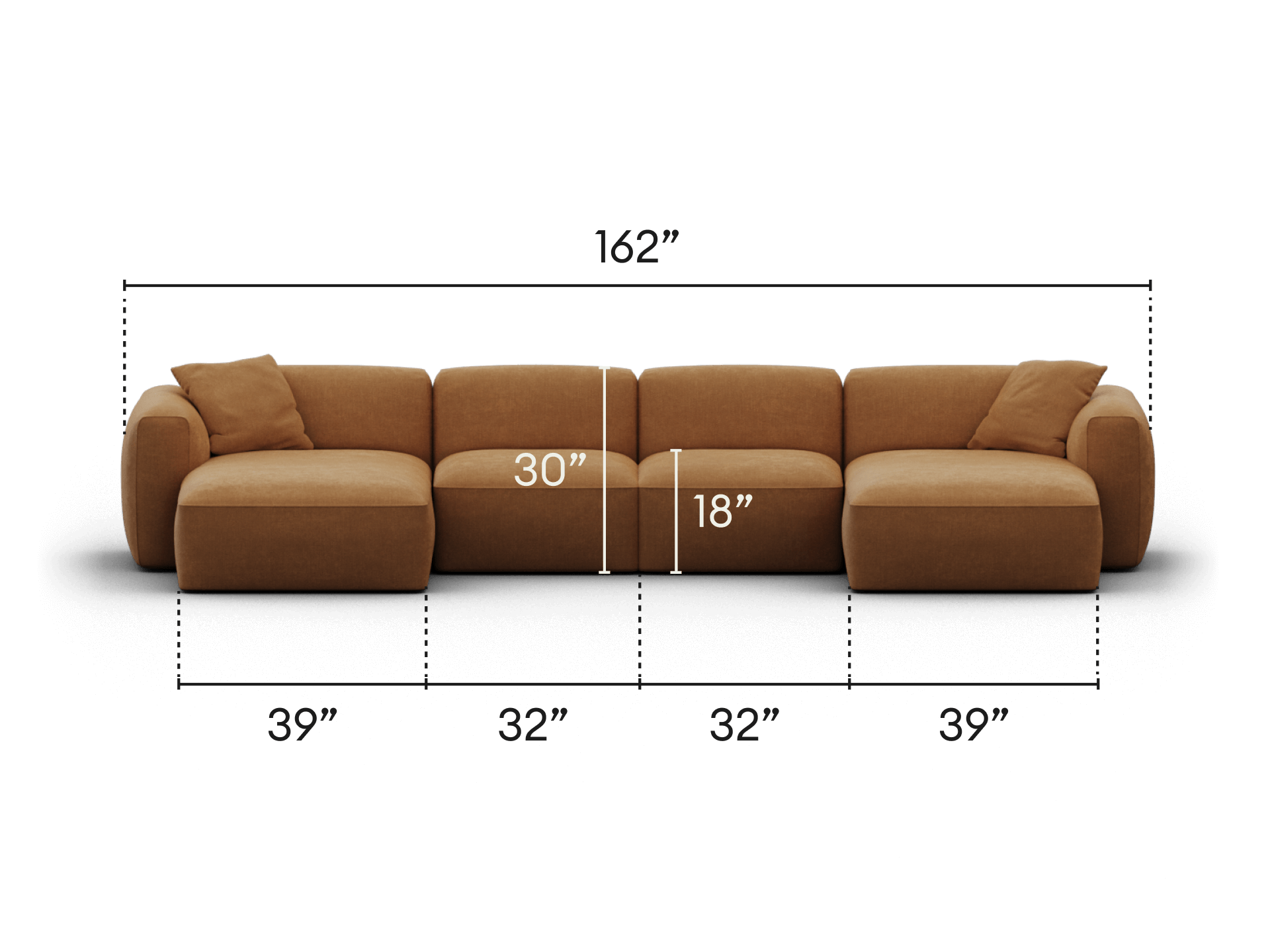 Luxurious modular sofa in rich caramel fabric, featuring deep seating and plush cushions. Perfect for spacious contemporary living rooms.