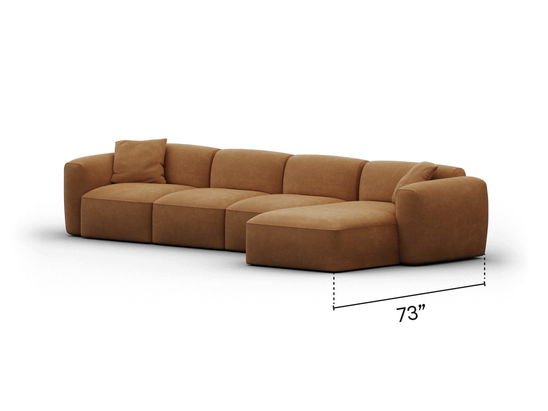 Luxurious modular sofa in rich caramel suede, featuring a right-facing chaise and plush cushions, perfect for a sophisticated living room setting.