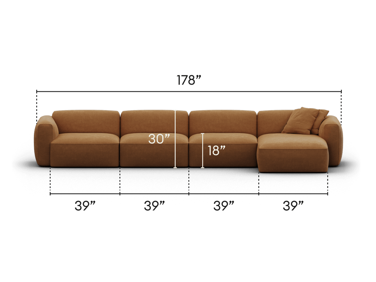 Luxurious modular lounge in rich caramel leather, featuring plush cushions, clean lines, and a right-hand chaise. Perfect for contemporary living spaces.
