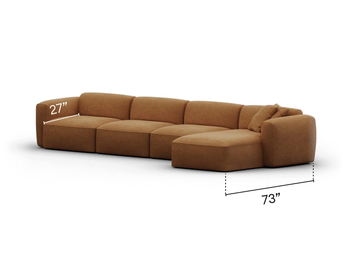 Luxurious brown sectional sofa, featuring plush upholstery and clean lines. Modular design with cushioned seating, perfect for a spacious living room.
