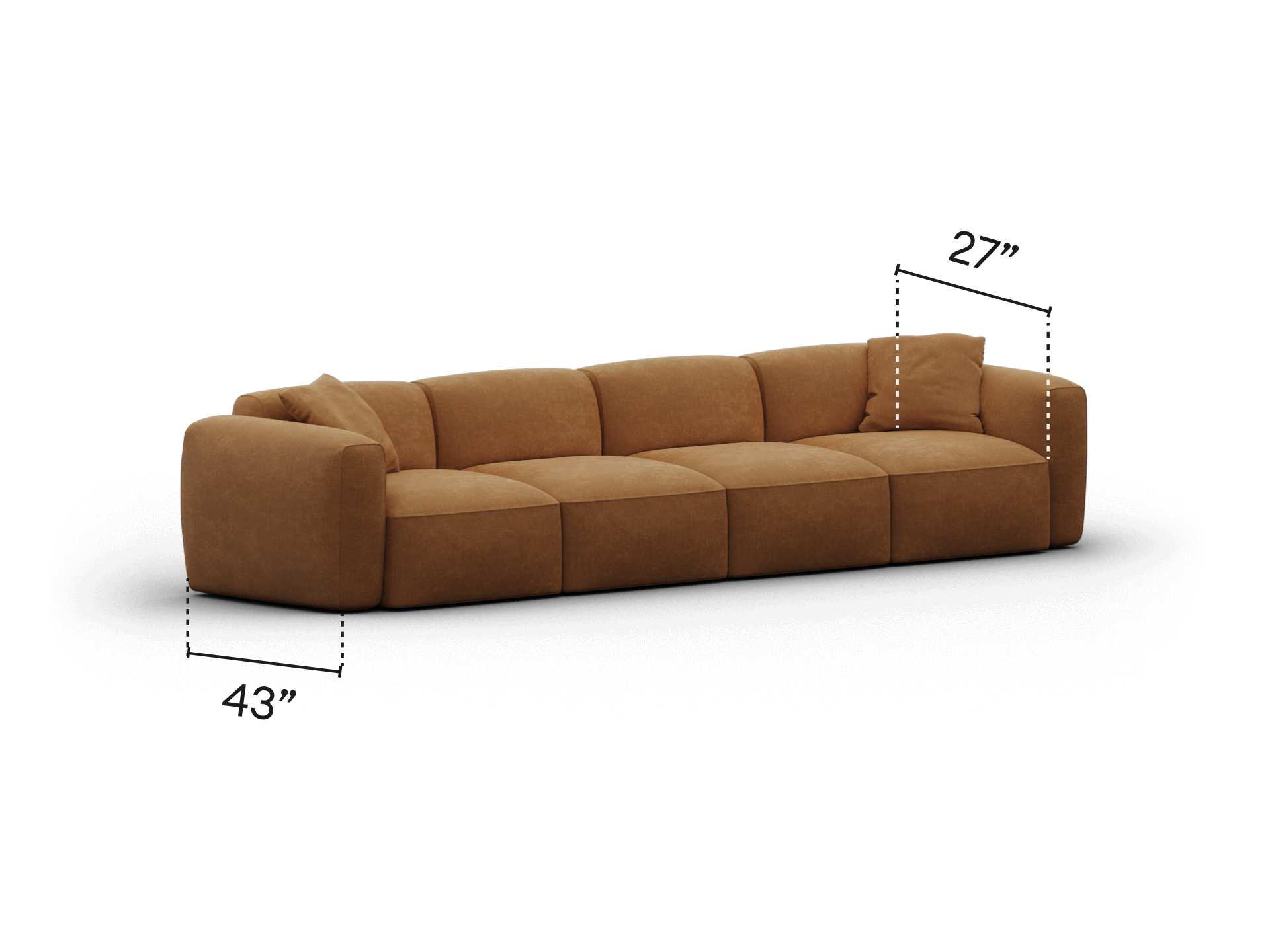 Luxurious modular sofa in rich caramel leather, featuring plush cushioning and deep seats. Perfect for a sophisticated, contemporary living room setting.