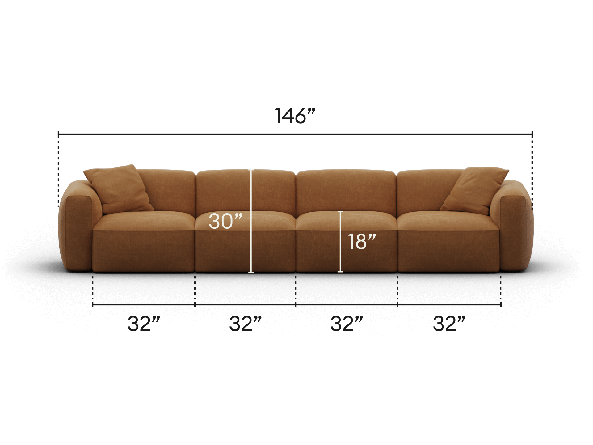 Luxurious modular sofa in rich tan leather, featuring plush cushions and broad armrests. Modern design, ideal for spacious living settings.