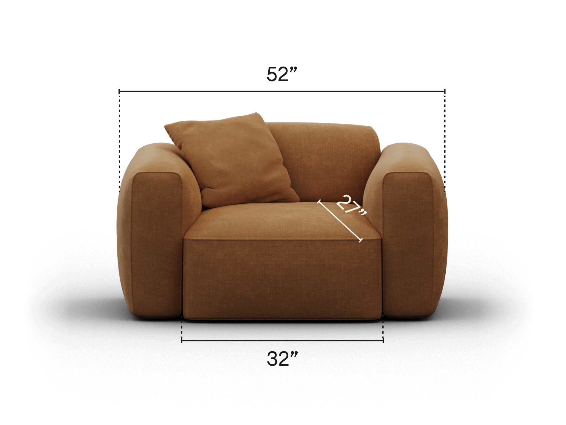 Luxurious brown fabric armchair with plush cushioning and rounded arms, measuring 52 inches wide. Ideal for sophisticated, modern living spaces.