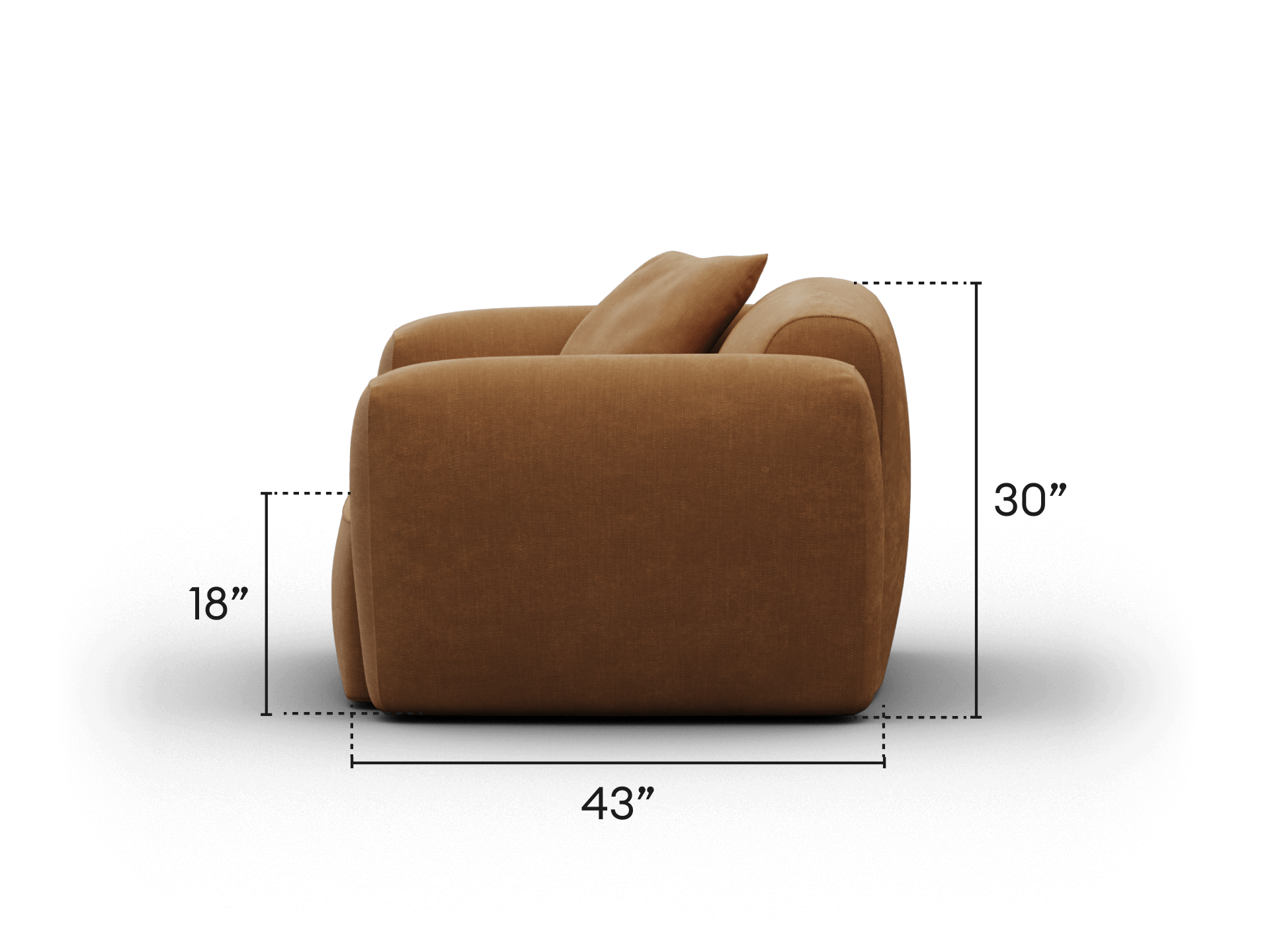 Side view of a premium modern armchair in rich camel fabric upholstery, showcasing plush cushioning and sleek curves, perfect for a sophisticated living space.