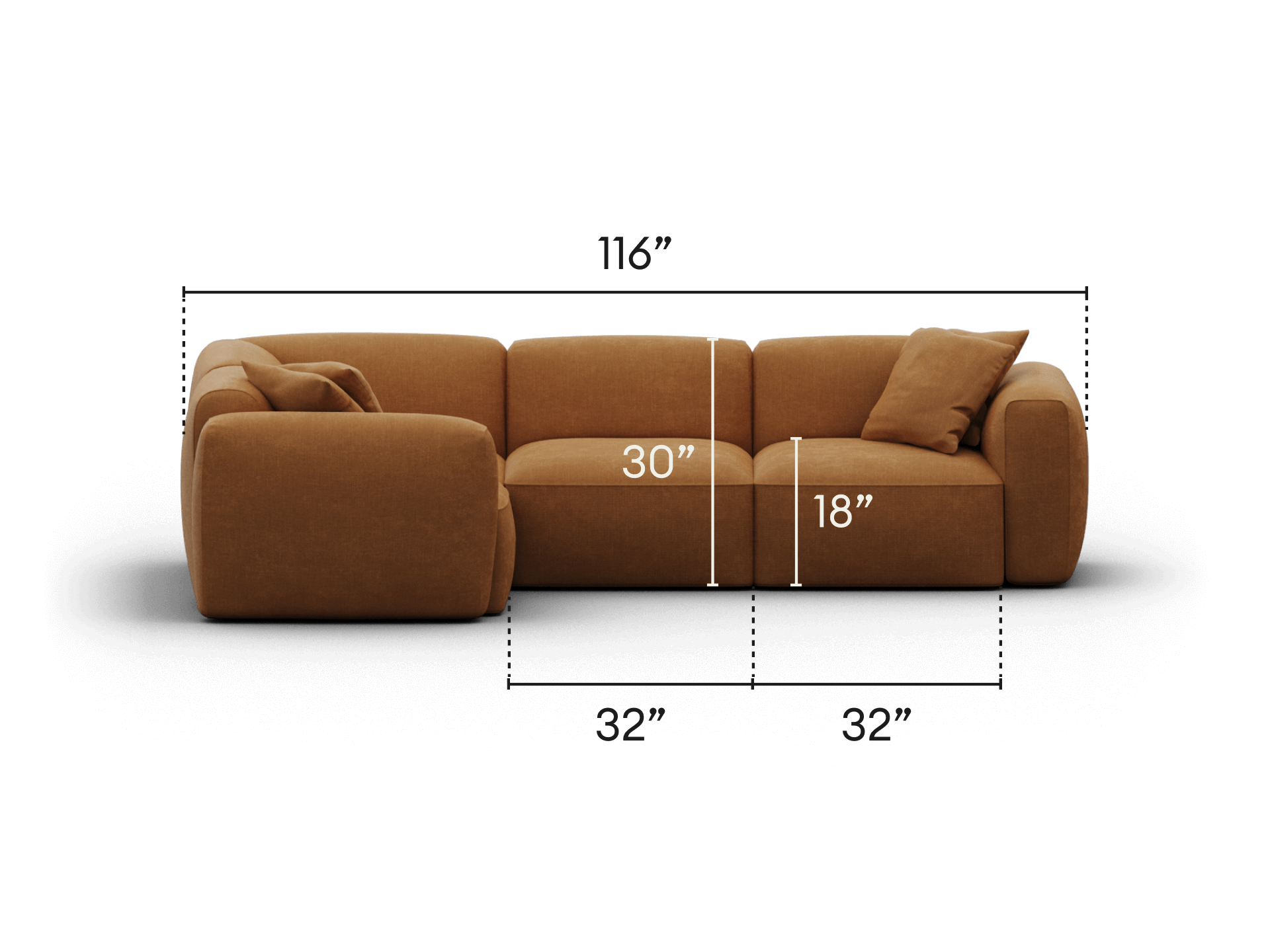 Luxurious modular sofa in rich caramel fabric, featuring plush cushioning and deep seating. Sleek design fits elegantly in a contemporary living space.