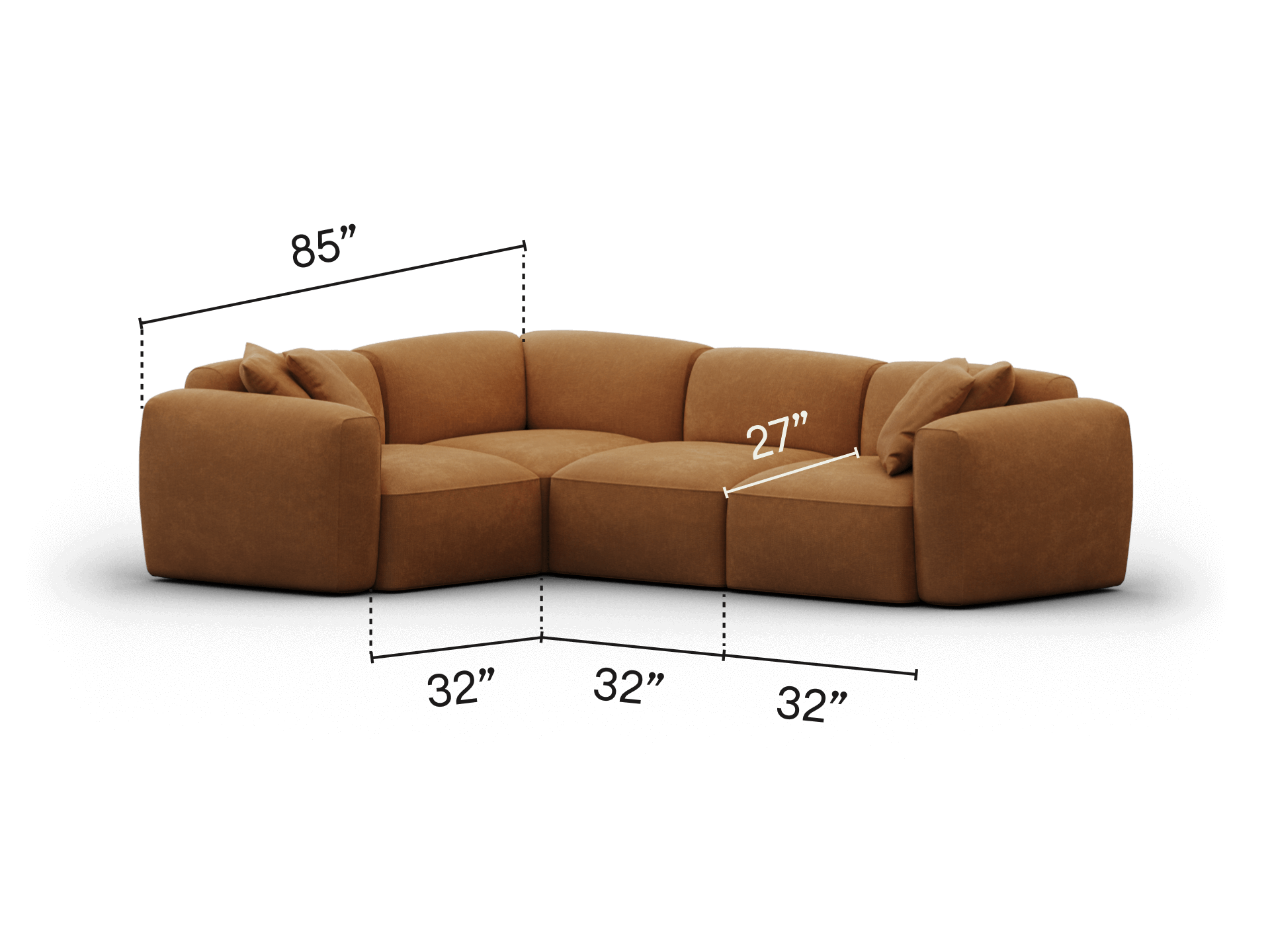 Luxurious modular sofa in rich camel velvet. Features deep seats, plush cushioning, and clean lines. Perfect for a sophisticated, modern living space.