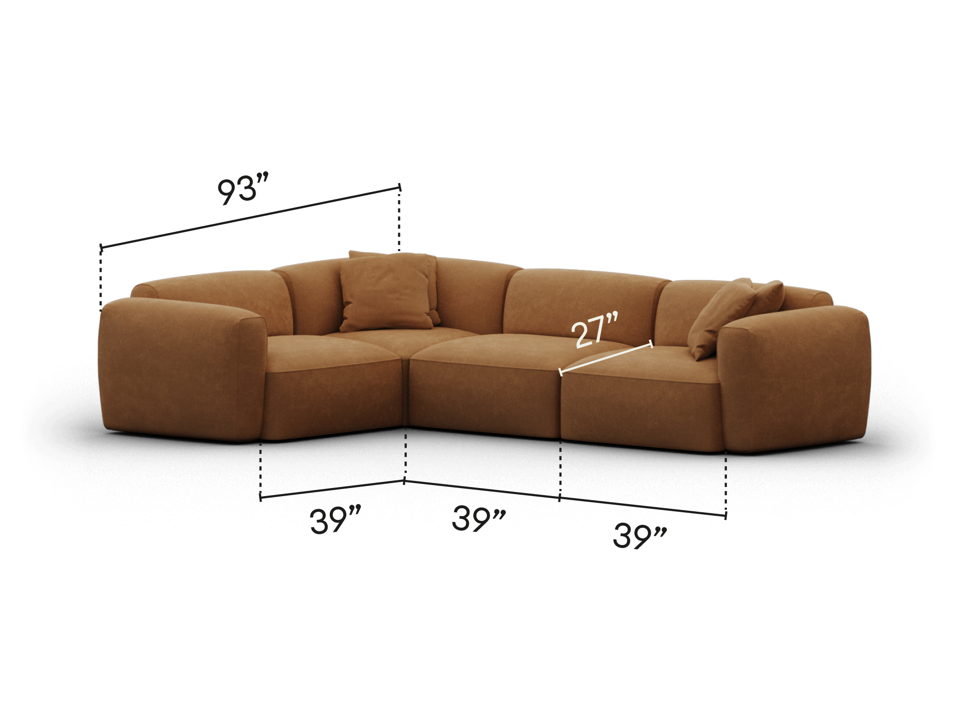 Luxurious modular sectional sofa in rich brown fabric, features plush cushions, deep seats, and rounded arms. Perfect for a modern living space.